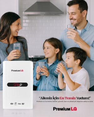 Mersin su arıtma cihazı modelleri, LG Premium ürünü mutfak tezgahında kurulumu tamamlanmış şekilde görülüyor.