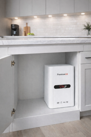 Mersin mutfak tezgahında kurulu LG Premium su arıtma cihazının musluk ve gövde detayı.