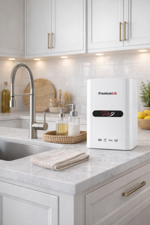 Mersin mutfak tezgahında monte edilmiş LG Premium su arıtma cihazı yakın çekim detay görüntüsü.